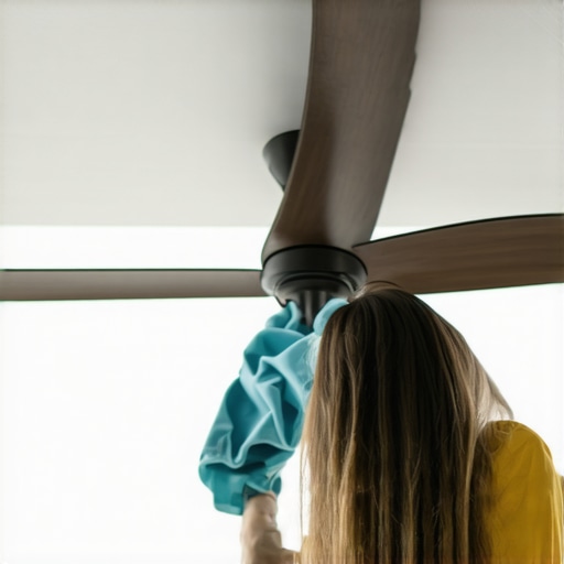 Cleaning From the Ceiling Down A person wiping a dusty ceiling fan to prevent cross-contamination on floors