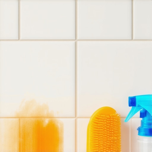 Cleaning Orange Grout Stains with a Brush A person scrubbing orange bacterial stains off white shower grout using a cleaning spray and brush.