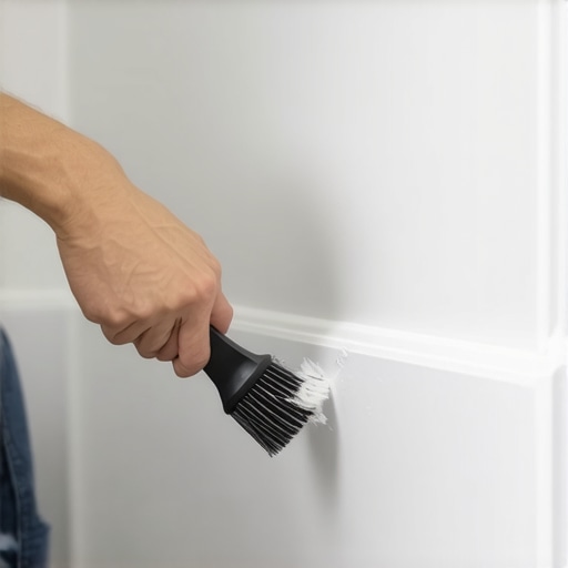A person using a brush to remove hidden pet hair and dust from baseboard corners during a move-out clean.