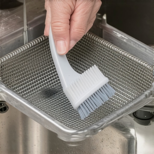 A person scrubbing a dirty mesh dishwasher filter with a toothbrush to remove debris.