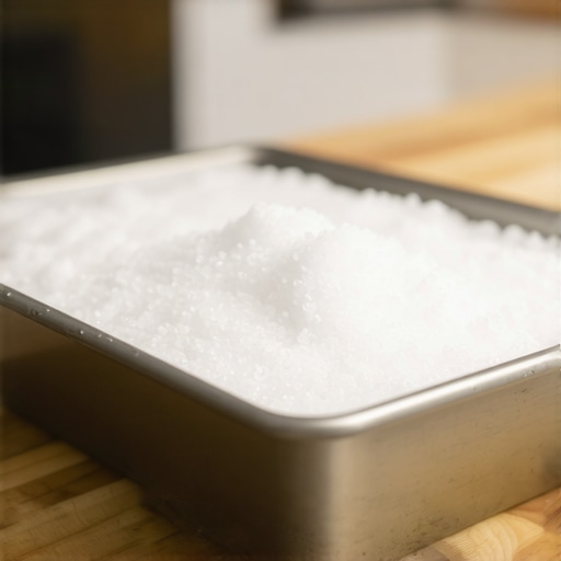 Baking soda and salt paste being applied to a dirty toaster tray for cleaning.