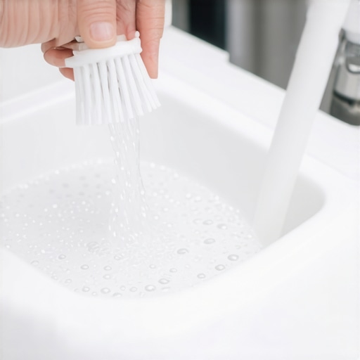 Hands scrubbing a dirty washing machine filter to remove slime and hair