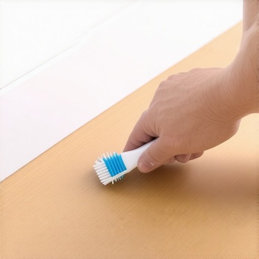Cleaning deep pet dander from baseboard crevices Close up of person cleaning baseboards with a small brush to remove pet hair