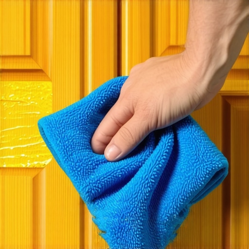 Close-up of a person wiping away thick grease from wooden kitchen cabinets with a microfiber cloth.