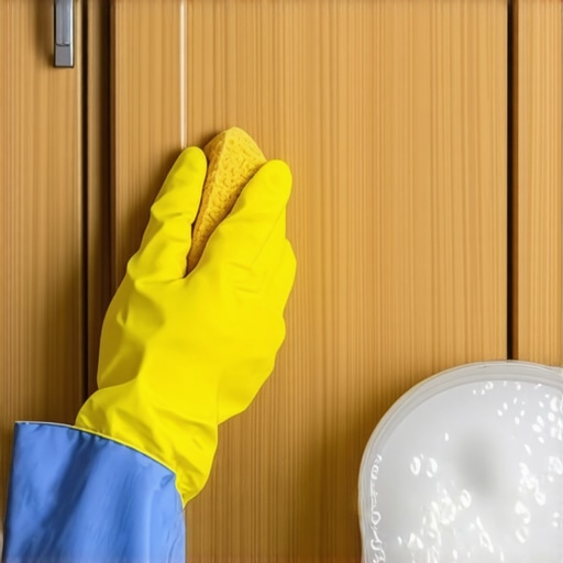 Cleaning greasy kitchen cabinets Hands in yellow gloves scrubbing grease off wooden kitchen cabinets with a sponge.