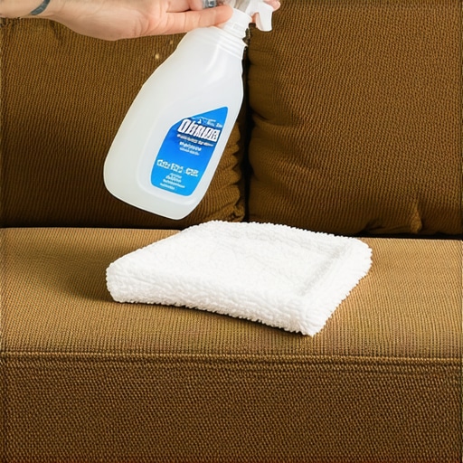 Person removing water rings from microfiber upholstery with alcohol and a white cloth.