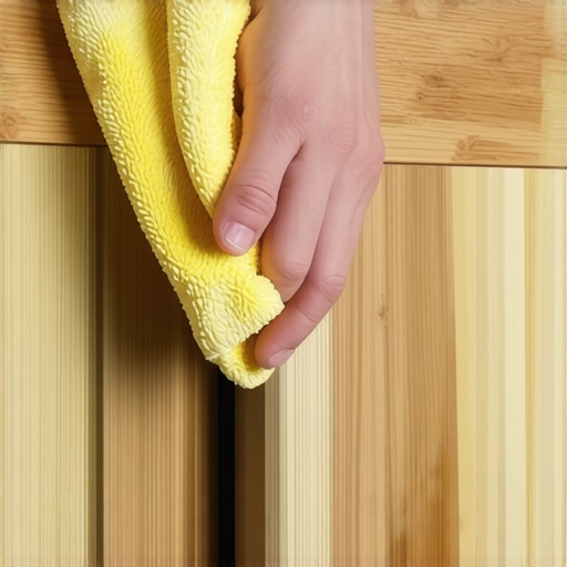 Cleaning sticky grease buildup from kitchen cabinets Hand cleaning thick grease and dust from the top of a kitchen cabinet.