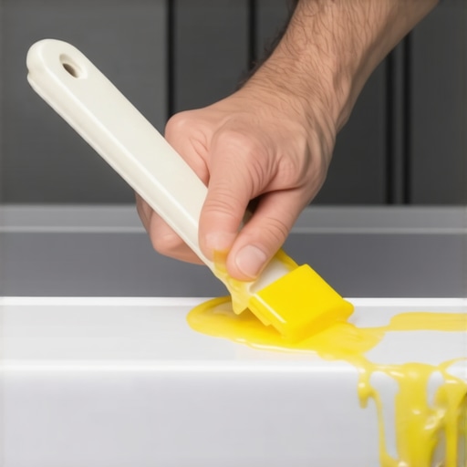 Cleaning sticky grease from fridge top Close-up of a plastic scraper removing thick yellow grease and dust from a refrigerator top.