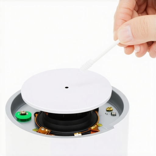A person carefully cleaning the delicate ultrasonic transducer plate of a humidifier with a cotton swab to avoid scratches.