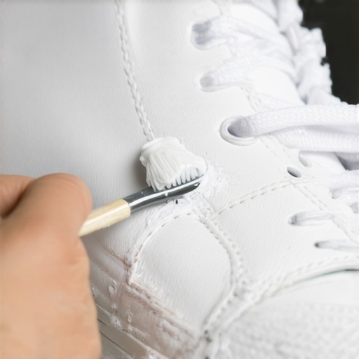 A person scrubbing a white leather shoe with white toothpaste and a toothbrush to remove scuff marks.