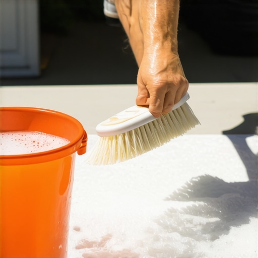 Cleaning window screens with a soft brush and soapy water Step-by-step cleaning of a window screen using a brush and vinegar solution