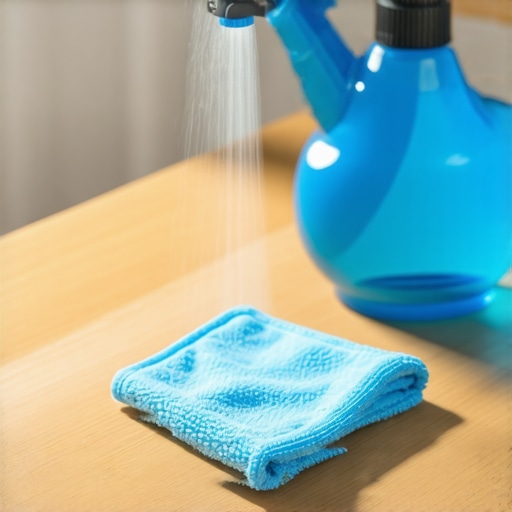 Correct cleaning technique using a microfiber cloth Spraying cleaning solution onto a cloth to protect wooden surfaces