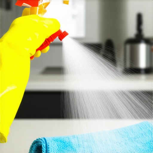 Correct spraying technique for sanitizing A person applying cleaning disinfectant directly to a microfiber cloth to avoid overspray in a kitchen.