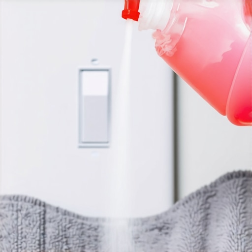 Correct way to apply cleaner for light switches A person misting a microfiber cloth with cleaning spray to safely clean a light switch.