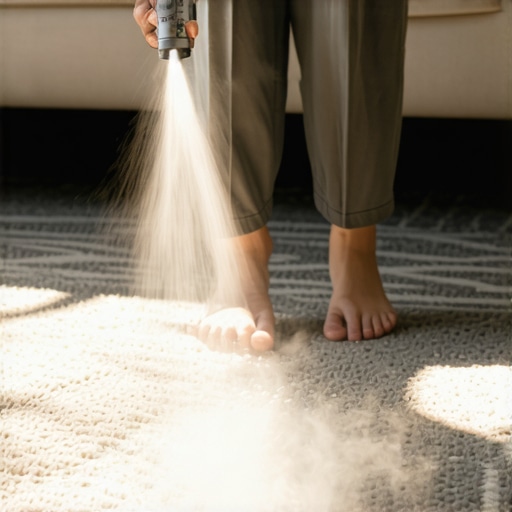 Correct way to mist a rug for static control Person misting the air above a rug to reduce static electricity without over-saturating the fibers.