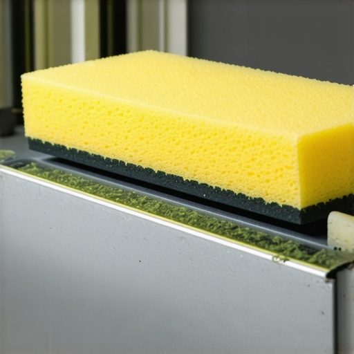 A kitchen sponge cut with grooves to fit window tracks for deep cleaning.