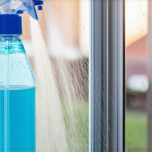 Applying a heated vinegar and dish soap mixture to a glass shower door to dissolve soap scum