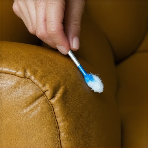 Close-up of the proper dabbing technique to remove ink from leather upholstery using a cotton swab.