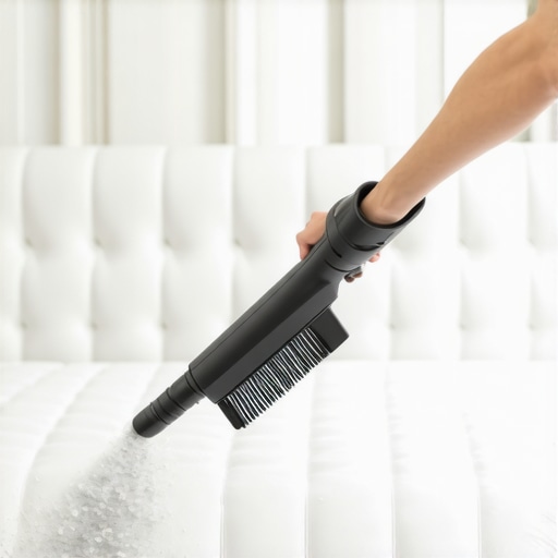 Deep Cleaning a Fabric Headboard Close-up of a vacuum attachment cleaning dust from a fabric headboard