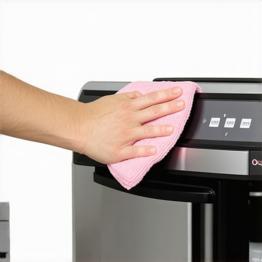 Person wiping a clean kitchen appliance to show the importance of degreasing before sanitizing.