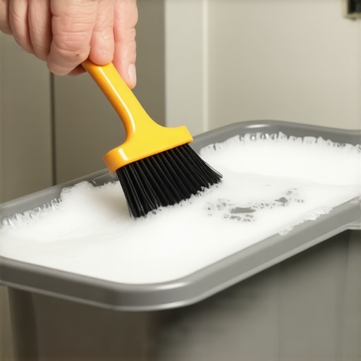 Deep Cleaning the Base of a Kitchen Trash Can A person scrubbing the bottom of a kitchen bin with a long-handled brush and soapy water to remove biofilm.
