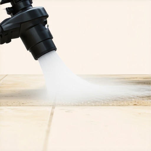 Deep Cleaning with a Professional Steam Cleaner Close-up of steam cleaning grout and tile surfaces for sanitization.