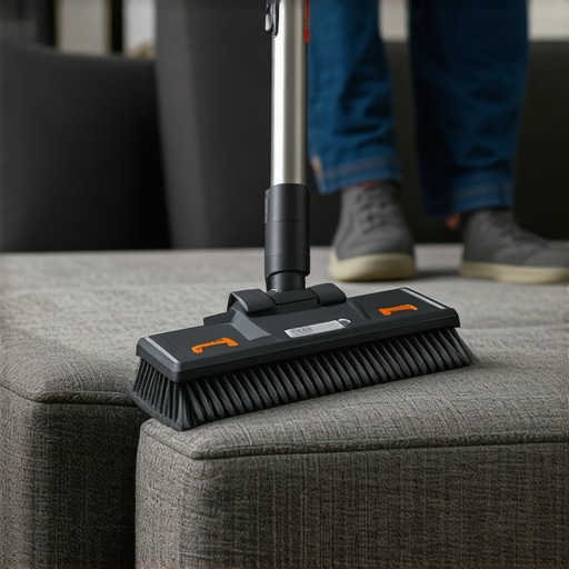 Deep Vacuuming Couch Fabric A close-up shot of an upholstery vacuum attachment cleaning a gray fabric sofa.