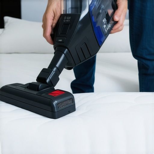 Deep Vacuuming a Mattress for Sanitization Using a vacuum upholstery tool to remove dust and allergens from a mattress surface.