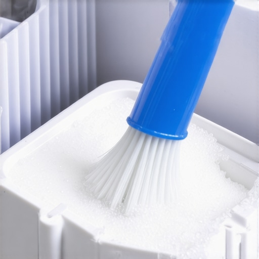 Deep cleaning a humidifier with vinegar Scrubbing mineral scale from a humidifier base using vinegar and a small brush.