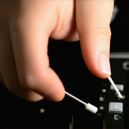 Deep cleaning television remote buttons Close-up of cleaning a sticky TV remote with a cotton swab