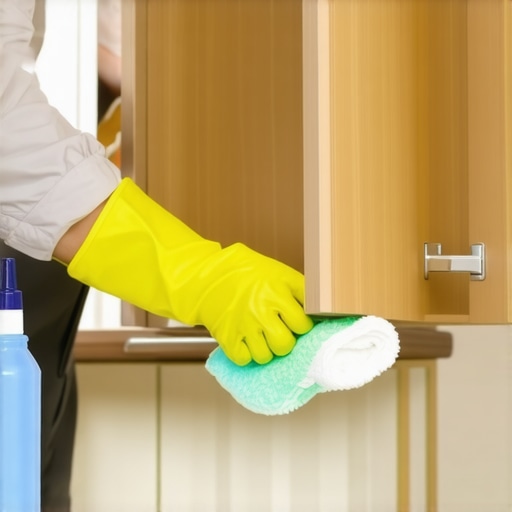 Deep cleaning the kitchen cabinet floor A person scrubbing a kitchen cabinet to remove grime and sanitize the surface.