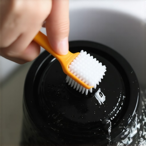 Deep cleaning the kitchen sink disposal flange Scrubbing the underside of a kitchen sink disposal splash guard with a toothbrush to remove bacteria.