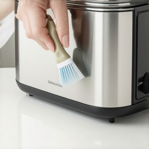 Deep cleaning toaster interior with a brush A close up photo of a person cleaning crumbs out of a toaster using a small brush.