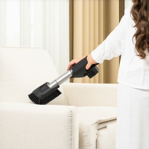 Deep cleaning upholstery in a guest room Vacuuming a linen armchair with a brush attachment