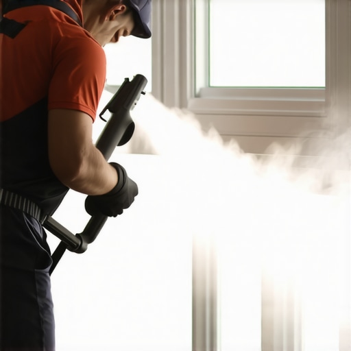 A handheld steam cleaner being used to sanitize and deep clean the tight corners of a window track.