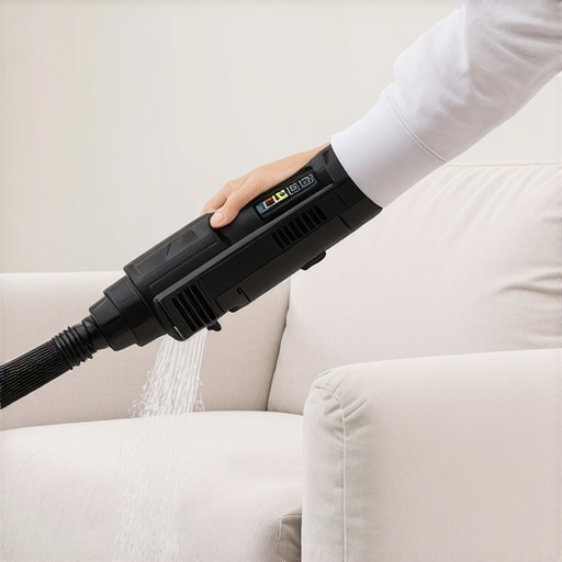 Deep extraction cleaning for guest room upholstery Handheld spot cleaner extracting dirt and water from a linen chair