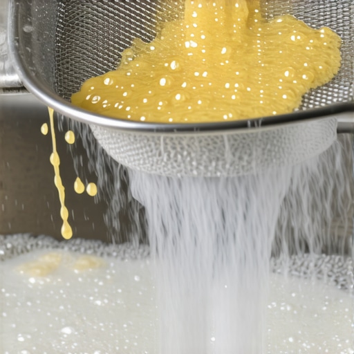 Close-up of a range hood filter being cleaned in a soapy water bath.
