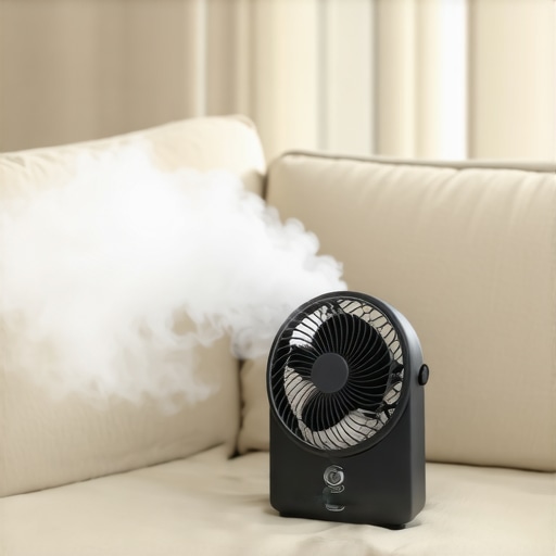 A desk fan blowing air onto a damp spot on a cream cotton sofa to prevent water rings.