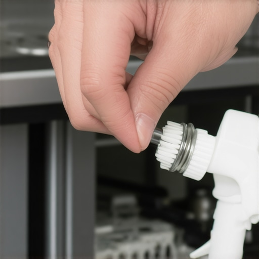 Detailing the dishwasher spray arm nozzles Close-up of a person cleaning a dishwasher spray arm with a detail brush and pick.