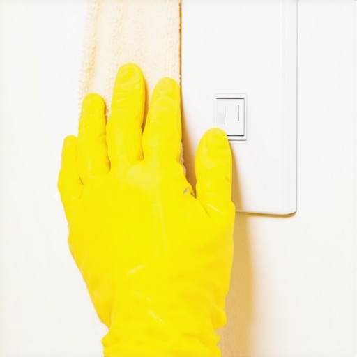 Disinfecting a light switch after illness A person sanitizing a high-touch light switch with a cleaning cloth.