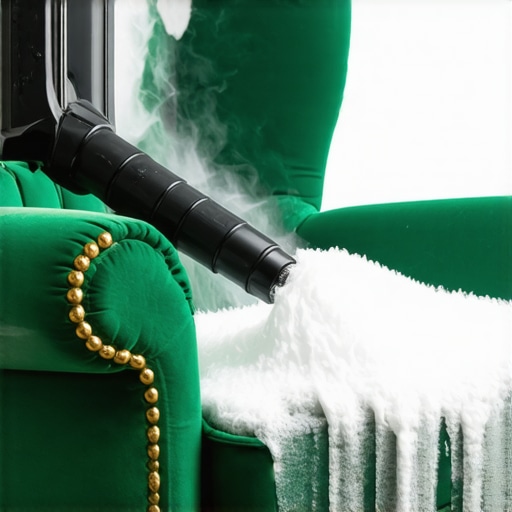 Dry Foam Extraction on Vintage Upholstery Professional dry foam extraction method for removing smoke odors from a green velvet chair.