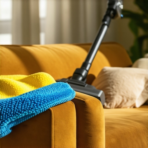 Essential Professional Cleaning Tools for Leather Maintenance High-quality microfiber cloths and a HEPA vacuum cleaner being used on a tan leather sofa.