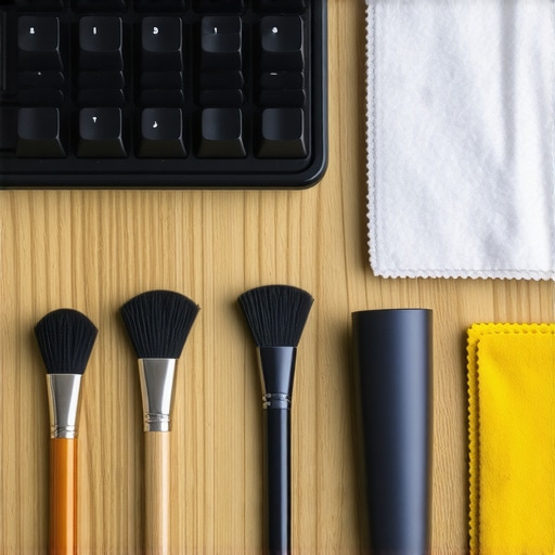 Essential Tools for Keyboard and Mouse Maintenance A collection of specialized tools used to deep clean and sanitize computer peripherals on a desk.