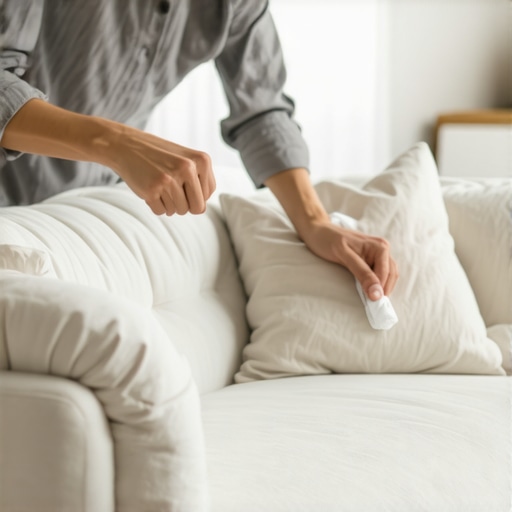 Gentle Linen Cleaning Technique A person cleaning a linen sofa using a white microfiber cloth to blot a stain gently.