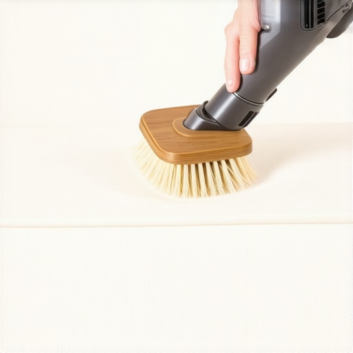 Vacuum cleaner brush attachment cleaning a cream cotton sofa cushion