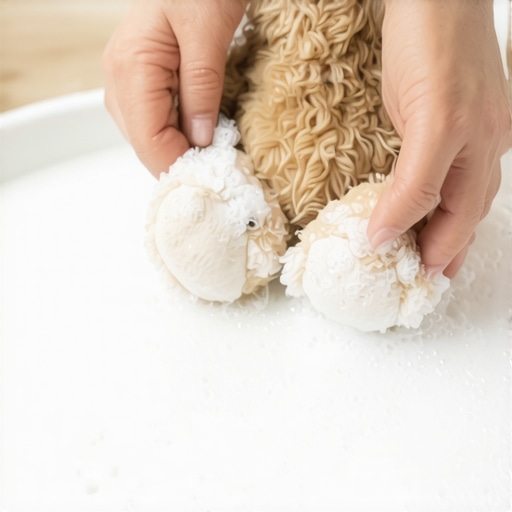 A person carefully dabbing a vintage teddy bear with microfiber and soap foam