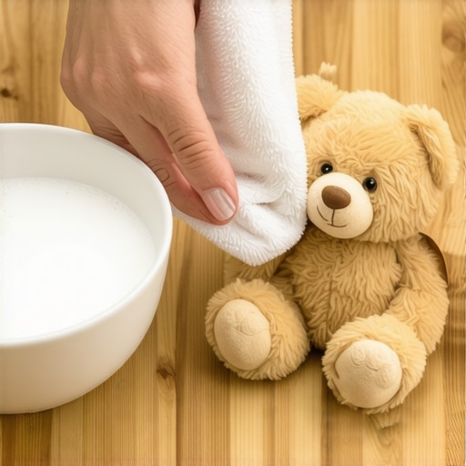 Gentle spot cleaning of a plush toy A person using foam and a microfiber cloth to clean a teddy bear without soaking it.
