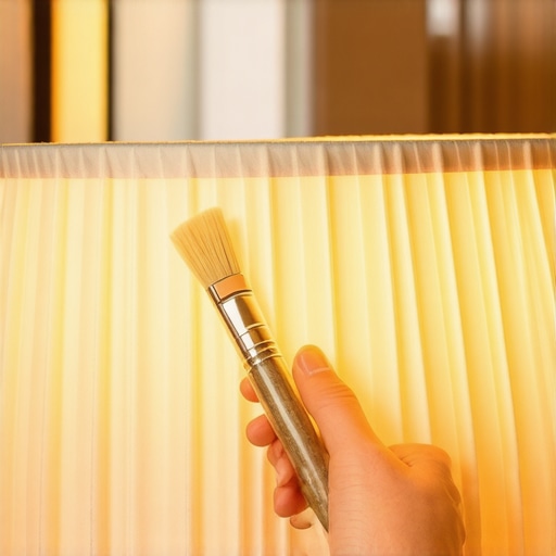 Gently cleaning a silk lamp shade with a brush Close-up of a hand dusting a pleated lamp shade with a soft paintbrush to remove dust without moisture.