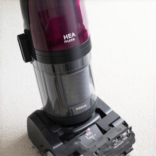 Close-up of a professional vacuum cleaner with HEPA filter on a carpet.