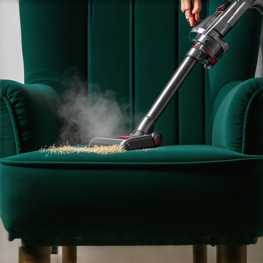 HEPA Vacuuming Vintage Velvet A person using a vacuum attachment to deep clean a green velvet wingback chair to remove smoke residue.